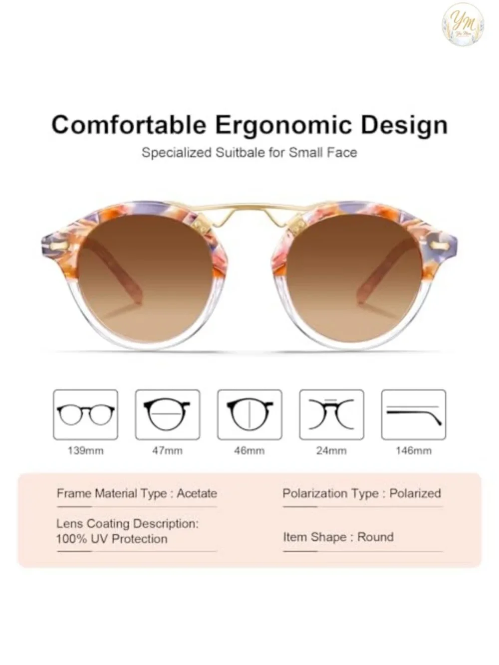 Retro Acetate Polarized Round Sunglasses UV400 Women's